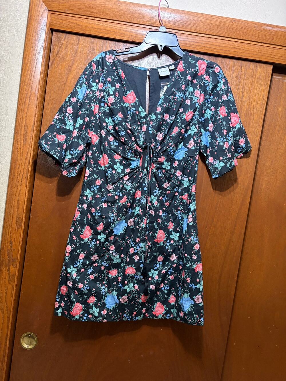 NWT Maeve Anthropologie Floral Mini Dress Black Ruched Front Size L